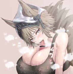 1boy 1girls absurdres animal_ear_fluff animal_ears arknights ashlock_(arknights) bar_censor big_breasts blush breasts brown_background brown_hair censored cleavage covered_nipples ears_through_headwear fellatio female grey_eyes helmet highres huge_breasts large_breasts licking licking_penis light-skinned_female light_skin looking_at_viewer massive_breasts mosaic_censoring naughty_face nipples nipples_visible_through_clothing oral paizuri paizuri_under_clothes penis penis_lick poni_(poni_arknights) short_hair simple_background solo_focus sports_bra squirrel_ears squirrel_girl squirrel_tail steaming_body straight tail tip_peeking titfuck titjob tongue tongue_out unseen_male_face upper_body