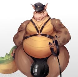 anthro balls bulge crash_(series) crocodile_tail crocodilian crocodylid dingodile gay harness leash leather leather_harness male male_only overweight overweight_male penis sad_tomato solo solo_male tail thong