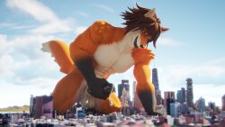 3d_(artwork) absurd_res anthro bodily_fluids brown_hair canid canine city countershade_torso countershading digital_media_(artwork) evil_grin fox fur genital_fluids hair hi_res kneeling leaking_precum looming macro male mammal masturbation muscular muscular_anthro muscular_male orange_body orange_fur precum precum_string rileyfoxxo sky smile solo