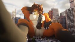 3d_(artwork) abs anthro balls big_muscles big_penis black_penis bodily_fluids brown_hair building canid canine car city destruction digital_media_(artwork) fox fur genital_fluids genitals hair hi_res huge_cock leaking_precum macro male mammal muscular muscular_anthro muscular_male orange_body orange_fur pecs penis precum precum_on_penis rileyfoxxo sitting sky solo spread_legs spreading vehicle vein veiny_penis