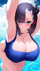 1girls alternate_breast_size alternate_version_available big_breasts black_hair curvaceous curvy_body curvy_female curvy_figure erect_nipples female female_only game_freak latex_leotard marnie_(pokemon) nintendo nipple_bulge pokemon pokemon_ss ponytail short_hair solo solo_female sumisumii tagme voluptuous