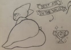 anthro ass award big_butt blush bottom_heavy cartoon_network domestic_cat embarrassed felid feline felis food fruit hi_res huge_butt lying male mammal mao_mao:_heroes_of_pure_heart monochrome nude on_side peach_(fruit) plant ribbons sheriff_mao_mao_mao sketch small_tail solo sparkles thick_thighs traditional_media_(artwork) trophy whiskers zlut385