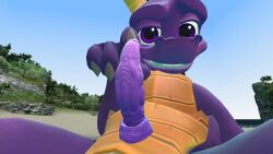 3d_(artwork) activision anthro anthro_only beach claws digital_media_(artwork) dragon drakeledragon erection feral finger_claws finger_on_penis fingers genitals gesture invalid_tag male orange_body penis pointing pointing_at_penis presenting presenting_penis purple_body purple_eyes purple_penis seaside smile solo spyro spyro_the_dragon touching_penis video_games