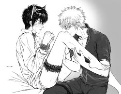 2boys anal_insertion barefoot blush bottomless bound_wrists buttplug buttplug_tail cat_ears cat_tail catboy collar fake_animal_ears feminization garter gay gintama gintoki_sakata hijikata_toshiro leg_grab licking looking_at_another male male_only marrbl monochrome sitting sweat yaoi