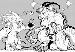 3_toes 4_toes 5_fingers absurd_res ambiguous_gender animal_genitalia anthro balls big_balls big_penis claws dragon duo feet fingers genitals hair hi_res horn huge_balls huge_cock hyaenid hybrid kobold koboldorion male mammal markings mischevious monochrome muscular muscular_anthro muscular_male orb orion_(koboldorion) parkerhd penis scales sheath size_difference striped_markings stripes toes