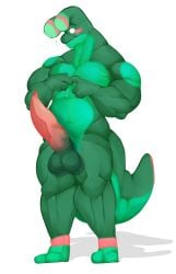 absurd_res anthro aquatic_gastropod belly blush broad_shoulders gastropod green_body hi_res himbo male male_only marine mollusk muscular nervous sea_slug sharkellion slug solo tyler_(the_sea_slug)