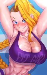 1girls 2022 abs big_breasts blonde_hair blue_eyes cleavage freckles hilde_(nisego) looking_at_viewer nisego original scars solo solo_female sweat undercut