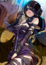 bandages bare_shoulders black_hair blind blindfold cleavage demon's_souls detailed_background female female_only fromsoftware maiden_in_black medium_breasts mikazuki_akira object_between_breasts revealing_clothes short_hair skimpy_clothes smile solo staff wind