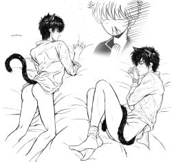 2boys animal_ears blush bottomless bound_wrists cat_ears cat_tail catboy embarrassed gay gintama gintoki_sakata hijikata_toshiro kemonomimi line_art looking_at_viewer looking_back male male_only marrbl monochrome multiple_scenes nosebleed on_bed on_side on_stomach shy solo_focus sweatdrop tail twink