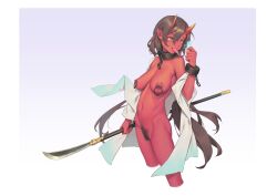 bigrbear black_collar breasts brown_hair chains collar colored_skin cuff_(restraint) female female_pubic_hair gradient gradient_background green_eyes holding holding_polearm holding_weapon horns large_breasts long_hair naginata navel nipple_piercing nipples nude oni oni_horns original piercing polearm pubic_hair red_skin shirt solo sword weapon white_shirt wrist_cuffs