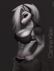 2023 2d abs anthro aozee artist_name athletic athletic_female black_eyeshadow black_nose black_pupils breasts canine demon digital_media_(artwork) eyebrows eyelashes female female_only furry furry_female furry_only goth grey_body hair hellhound helluva_boss long_hair loona_(helluva_boss) mammal multicolored_body navel pants red_sclera solo_female standing tagme undressing white_body white_eyes white_hair wolf