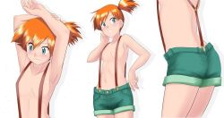 1girls armpits arms_up ass asymmetrical_hair bangs blush breasts creatures_(company) denim denim_shorts female female_only game_freak gen_1_pokemon green_eyes green_shorts kakkii kasumi_(pokemon) legs looking_at_another looking_at_viewer navel nintendo orange_hair pokemon pokemon_(anime) pokemon_(classic_anime) pokemon_(game) pokemon_rgby ponytail short_shorts shorts side_ponytail smile solo suspenders sweat sweatdrop thighs tied_hair