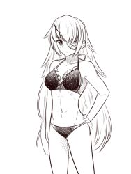 1girls boa_(brianoa) bra closed_mouth cz2128_delta eyepatch greyscale long_hair monochrome overlord_(maruyama) panties simple_background solo swimsuit underwear white_background