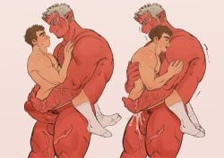 2boys bara blush carrying_partner cum_in_ass demon ear_piercing horns interspecies large_penis long_socks looking_at_partner male male_only oc oni red_oni red_skin scars shanshankuo size_difference sweat yaoi