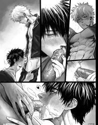 2boys blowjob blush comic cum cum_in_mouth fellatio gay gintama gintoki_sakata hand_on_another's_head head_grab hijikata_toshiro holding_penis low-angle_view male male_only marrbl monochrome multiple_images multiple_views open_shirt oral pants_down penis sweat textless uncensored yaoi