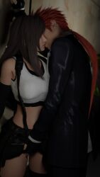 1boy 1girls 3d against_wall female final_fantasy final_fantasy_vii final_fantasy_vii_remake fingering fingering_partner fingerless_gloves hand_under_clothes hand_under_skirt kissing male male/female red_hair reno short_skirt straight suit tifa_lockhart yohikoymi