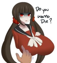 breasts breasts_bigger_than_head brown_hair collar collarbone collared_shirt danganronpa danganronpa_v3 female harukawa_maki huge_breasts jcdr large_breasts red_eyes red_shirt scared schoolgirl_collar shaking shivering smooth_skin threat threatening