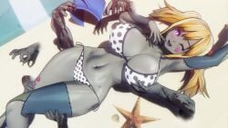 1girls 6boys beach big_breasts bikini blonde_hair breast_grab female_focus gray_skin huge_breasts jane_doe_(metal_slug) medium_hair metal_slug metal_slug_attack one_eye_closed pink_eyes shiro_(artist) snk summer tagme thick_ass thick_thighs thighhighs zombie zombie_girl