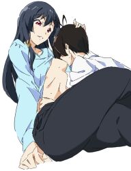 artist_request black_hair breast_sucking breasts clothed_female clothed_male clothes_lift hajimete_no_gal hashiba_junichi long_black_hair long_hair my_first_girlfriend_is_a_gal nipple_peek red_eyes small_breasts snake_hair_ornament sucking_nipples unknown_artist white_background yui_kashii