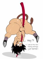 1boy anus balls big_ass big_butt black_hair bubble_butt color dialog dialogue digital_media_(artwork) dragon_ball dragon_ball_gt erection femboy goku hi_res highres huge_ass kojoarts leg_band legs_apart legs_spread light-skinned_male line_art male male_only monkey_tail naked naughtypaw_(artist) nude penis power_pole presenting_anus presenting_ass presenting_balls presenting_butt presenting_penis saiyan shoes son_goku son_goku_(young) spiky_hair staff stick tail tan_skin tan_skinned_male text thick_thighs ttherandom tthrandom tthrandom_rp upside-down white_background wide_hips