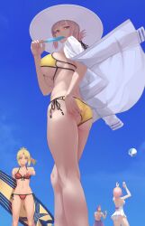 1boy 3girls adjusting_clothes adjusting_swimsuit alternate_costume ass ball bare_legs beachball bikini blonde_hair breasts cleavage commentary_request curvy eating fate/grand_order fate_(series) florence_nightingale_(chaldea_lifesavers)_(fate) florence_nightingale_(fate) food from_side front-tie_bikini front-tie_top goggles hat highres jacket jacket_on_shoulders lancelot_(fate/grand_order) large_breasts light_purple_hair mash_kyrielight mash_kyrielight_(swimsuit_of_perpetual_summer) mordred_(fate) mordred_(fate)_(all) mordred_(fate/apocrypha) mordred_(swimsuit_rider)_(fate) multiple_girls official_alternate_costume pink_hair pointing popsicle red_bikini red_eyes short_hair side-tie_bikini sky sunlight surfboard swimsuit takehisa_tomoe underboob walking white_swimsuit yellow_bikini