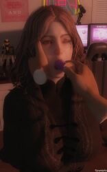 3d background breasts brown_hair clothed_breasts dildo dildo_in_mouth disembodied_hand disembodied_hands elden_ring fromsoftware holding_face large_breasts looking_at_another melina_(elden_ring) one_eye_closed one_eye_open sucking_dildo tyryndyika yellow_eyes