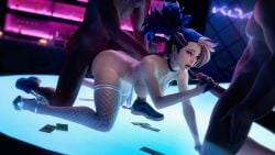 1girls 2boys 3d akali blonde_hair blowjob blue_hair blue_nail_polish blue_nails breasts dark-skinned_male doggy_style erection female fishnet_legwear fishnets high_heels interracial k/da_akali k/da_all_out_akali k/da_all_out_series k/da_series league_of_legends male multicolored_hair nail_polish open_mouth penis spitroast therealzoh threesome