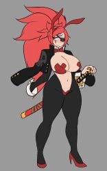 1girls baiken big_breasts blush bunnysuit embarrassed eye_patch fake_animal_ears fake_bunny_ears female female_only guilty_gear light-skinned_female light_skin littlej_(zi19191) pasties red_eyes red_pasties reverse_bunnysuit solo solo_female thick_ass x_pasties