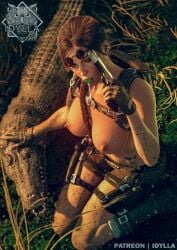 3d areolae big_breasts braid breasts brown_eyes brown_hair busty call_of_duty crocodile female female_focus female_only hourglass_figure idylla kneeling lara_croft lara_croft_(cod) lollipop nipples nude nude_female nudity sunglasses sunglasses_on_head tagme tomb_raider wide_hips