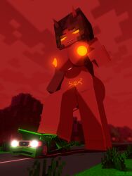 bigger_female crazy_eyes crushing demon_girl destruction giantess glowing_nipples goolba hellcrazed kellyss macro minecraft red_skin succubus vehicle_destruction