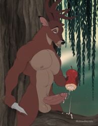 anthro antlers apple bambi_(film) bodily_fluids cervid cum cum_in_toy disney erection genital_fluids genitals half-closed_eyes hi_res horn knife male male_only mammal michwolfestein muscular narrowed_eyes penetrable_sex_toy penis plant ronno sex_toy solo tree unusual_penetration vein veiny_penis