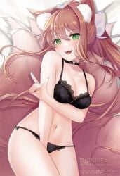 almost_nude black_bra black_panties bow bra brown_hair cat_ears collar doki_doki_literature_club ear_fluff fangs green_eyes heart_collar laying_down looking_at_viewer mitarou_sk monika_(doki_doki_literature_club) neko no_tail open_mouth panties white_bow