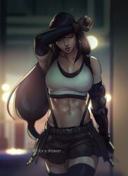 abs arm_guards arm_up armpits black_hair blurry blurry_background breasts cleavage closed_eyes crop_top elbow_gloves english_text female female_abs final_fantasy final_fantasy_vii final_fantasy_vii_remake girl_abs girly_abs gloves large_breasts light-skinned_female long_hair low-tied_long_hair midriff navel pale-skinned_female parted_lips pleated_skirt rennerei skirt solo solo_female square_enix standing stomach subtitled suspenders tank_top tifa_lockhart toned wiping_forehead