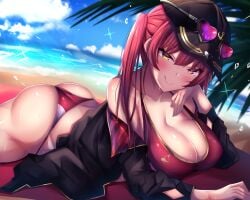 :q arm_support ass bare_shoulders beach bikini black_headwear black_jacket breast_press breasts cleavage collarbone eyewear_on_head female halterneck hat heart heart-shaped_eyewear heterochromia highres hololive hololive_fantasy hololive_japan houshou_marine jacket long_hair looking_at_viewer lying off_shoulder on_stomach outdoors red_bikini red_eyes red_hair shiki_(catbox230123) sidelocks smile solo string_bikini sunglasses sunlight swimsuit thighs tongue tongue_out towel twintails virtual_youtuber water wet yellow_eyes