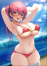 :d armpits arms_up bangs bikini black_ribbon blue_sky blurry blurry_background blush breasts cleavage cloud curvy female gold_trim hair_between_eyes hair_ribbon heterochromia highres hololive hololive_fantasy hololive_japan houshou_marine large_breasts looking_at_viewer navel noah12 open_mouth puffy_nipples red_bikini red_eyes red_hair ribbon skindentation sky smile solo stomach swimsuit thick_thighs thighhighs thighs twintails virtual_youtuber wet white_thighhighs yellow_eyes