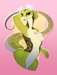 2022 alluring anthro athletic_female breasts digital_media_(artwork) dreamworks female female_abs fit_female genitals geometric_background kung_fu_panda lipstick looking_at_viewer makeup master_viper nipples non-mammal_breasts nude pussy reptile scales scalie simple_background sjevi smile snake solo viper_(species) wide_hips