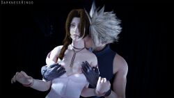 1boy 1girls 3d 3d_(artwork) aerith_gainsborough blonde_hair breasts brown_hair clothed_male cloud_strife darknessringo female final_fantasy final_fantasy_vii final_fantasy_vii_remake from_behind gloves hands_on_breasts light_skin male male/female neck_kiss necklace nipples pink_nipples sensual small_breasts straight undressing