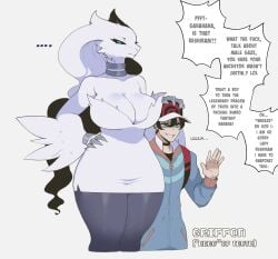 2021 anthro big_breasts breasts choker cleavage clothed clothing dialogue duo english_text female fur generation_5_pokemon griffon_(thiccwithaq) hand_on_hip hi_res human human_on_pokemon larger_female legendary_pokemon male mammal nintendo offscreen_character pokemon pokemon_(species) profanity reshiram reshiram_(thiccwithaq) size_difference smaller_male speech_bubble text thiccwithaq video_games white_body white_fur