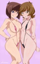 2girls bangs bare_shoulders bikini blonde_hair blue_eyes breasts brown_hair chicago-x closed_mouth female female_only highres large_breasts mazaki_anzu multiple_girls open_mouth orange_eyes revealing_clothes revealing_swimsuit short_hair sling_bikini slingshot_swimsuit small_breasts smile swimsuit tagme tea_gardner thighs tongue tongue_out yu-gi-oh! yu-gi-oh!_duel_monsters yu-gi-oh!_vrains yuri zaizen_aoi