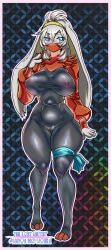 1girls aqua_eyes big_breasts blush bodystocking bunny_ears cameltoe female female_only full_body hairband hi_res humanoid looking_at_viewer mayo1nomor1 mouth_mask nintendo nipples nipples_visible_through_clothing pokémon_(species) pokemon pokemorph raboot solo solo_female the_lost_artist thick_thighs white_hair zacianswords