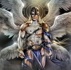 actor angel angemon angemon_(cosplay) carlos_gzz caucasian caucasian_male celebrity crest_of_hope digimon helmet henry_cavill looking_at_viewer male male_only muscles muscular muscular_male real_person ripped_clothing wings