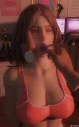 3d breasts dildo dildo_in_mouth disembodied_hand disembodied_hands elden_ring holding_face large_breasts looking_at_another melina_(elden_ring) one_eye_closed one_eye_open pink_sports_bra sports_bra tyryndyika yellow_eyes