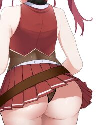 ass ass_focus back bare_shoulders belt brown_belt brown_leotard crop_top female from_behind head_out_of_frame highres hololive hololive_fantasy hololive_japan houshou_marine leotard leotard_peek leotard_under_clothes long_hair loose_belt microskirt mole mole_on_ass pleated_skirt red_hair red_skirt red_vest see-through see-through_leotard skirt sleeveless solo thong_leotard twintails upskirt vest virtual_youtuber yanagui