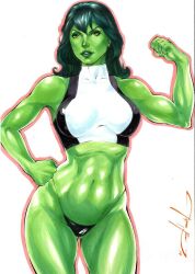 1girls 2019 artist_name artist_signature big_breasts clothed color colored crop_top curvaceous curvy_body curvy_female curvy_figure ed_benes_studio female female_only flexing_bicep green_body green_eyes green_hair green_skin hand_on_hip hourglass_figure hulk_(series) jeferson_lima long_sleeves looking_at_viewer marvel marvel_comics muscles muscular muscular_female muscular_thighs navel panties she-hulk slim_waist solo thick_thighs thong voluptuous voluptuous_female white_background