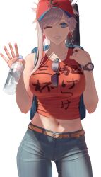 asymmetrical_hair backpack bag bangs bare_shoulders baseball_cap belt blue_eyes bottle breasts clothes_writing collarbone denim denim_bottomwear denim_clothing denim_jeans earrings eyewear_removed fate/grand_order fate_(series) female grin hat heroic_spirit_traveling_outfit highres jeans jewelry large_breasts long_hair looking_at_viewer midriff miyamoto_musashi_(fate) miyamoto_musashi_(traveling_outfit)_(fate) navel one_eye_closed pants pink_hair ponytail red_headwear red_tank_top sidelighting simple_background smile solo sunglasses sunglasses_removed swept_bangs takehisa_tomoe tank_top watch water_bottle waving white_background wristwatch