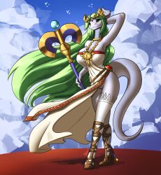 anthro belt big_breasts bottomless breasts clothed clothing cosplay draako dragon dress feretta genitals gladiator_sandals green_eyes green_hair hair hi_res kid_icarus legwear looking_at_viewer mis'alia nintendo palutena pussy scalie silver_dragon silver_skin smile staff stockings upskirt video_games