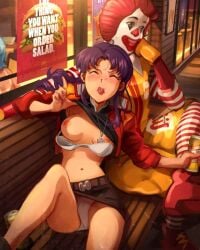 1boy 1girls adult alcohol alcoholism beer beer_can belt bench bikini_top blush bra_down bra_pull breasts_apart closed_eyes clown cross_necklace dress drunk eyes_closed female female_focus khyleri lifted_by_self male mature_female mcdonald's milf miniskirt misato_katsuragi navel neon_genesis_evangelion outdoors panties pantyshot patreon patreon_reward purple_hair red_jacket ronald_mcdonald self_exposure shirt_lift shirt_lifted_by_self skinny small_breasts statue straight tongue tongue_out upskirt white_panties