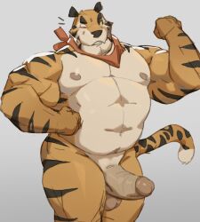 2022 abs absurd_res anthro balls barazoku biceps big_muscles big_penis erection eyebrows felid flexing frosted_flakes fur genitals grey_background hi_res huge_muscles humanoid_genitalia humanoid_penis kellogg's looking_at_viewer male male_only mammal mascot muscular muscular_anthro muscular_male navel neckerchief nipples nude one_eye_closed pantherine pecs penis simple_background smile solo standing thick_penis tiger tony_the_tiger tuft vincethetiger wink