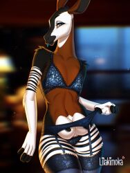 3:4 above_average_crotchboobs anthro blue_tongue clothing crotchboobs female giraffid hi_res illah_oakridge lilakimoka lingerie mammal okapi solo tongue