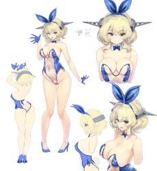 absurdres animal_ears ass bare_legs blonde_hair blue_bow blue_bowtie blue_eyes bow bowtie breasts bunny_ears bunnysuit cleavage colorado_(kantai_collection) commission cowboy_shot detached_collar female headgear highres kantai_collection kiyama_satoshi large_breasts leotard looking_at_viewer multiple_views playboy_bunny rabbit_ears rabbit_tail see-through see-through_clothing see-through_leotard short_hair side-tie_leotard simple_background skeb_commission smile standing strapless strapless_leotard tail transparent_bunnysuit upper_body white_background white_footwear white_leotard wrist_cuffs